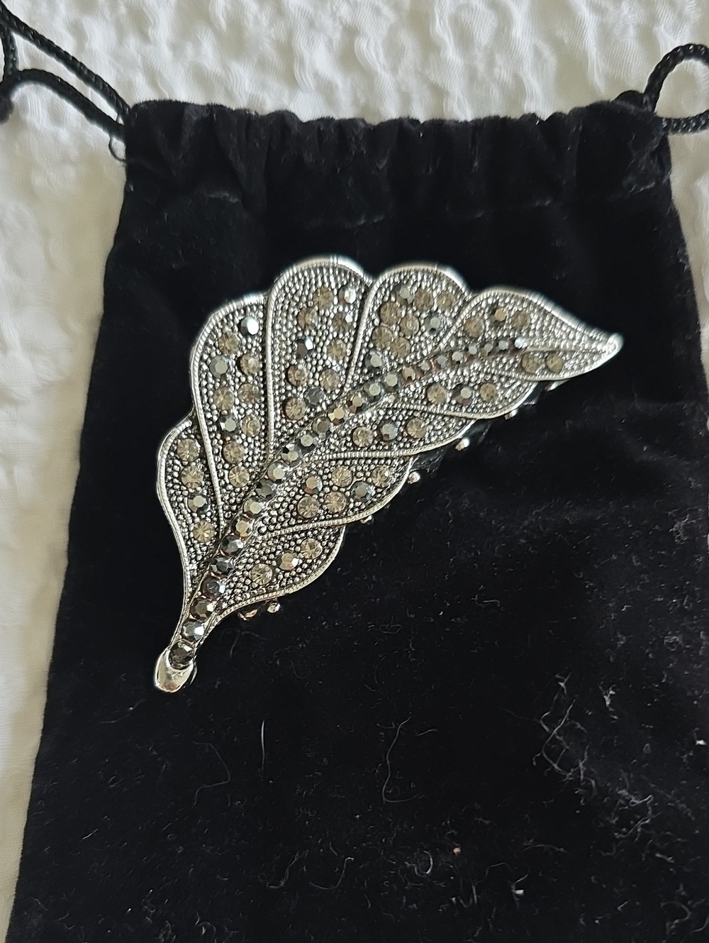 Silver Leaf Marcasite Brooch Clip For Hair- Sparkling Silver Tone